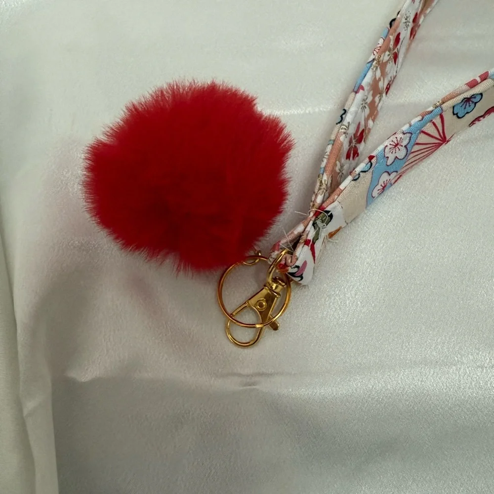 Handmade Shiba Inu and Cherry Blossom Floral Wristlet Keychain with Red Pompom